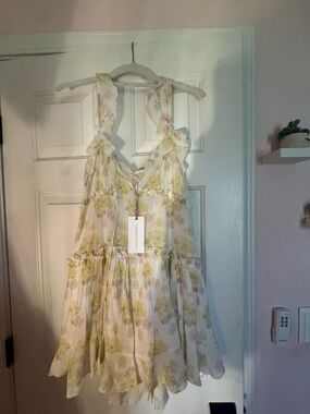 LoveShackFancy Floral Ruffle Mini Dress in Cream, Yellow, Pink